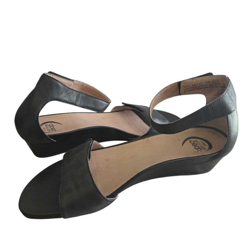 Abeo Sandals 11 Inez Black Leather Ankle Strap Wedge